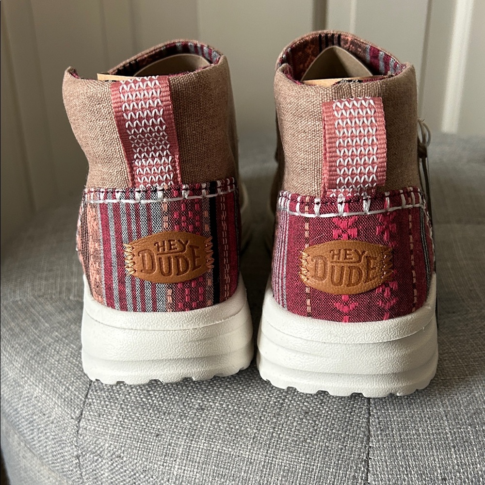 Hey Dude Tan Canvas Slip-On Boots with Red Patterned Heel - Picture 3 of 4